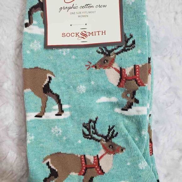 NWT Reindeer holiday socks womens shoe 5-10.5 - Picture 2 of 5